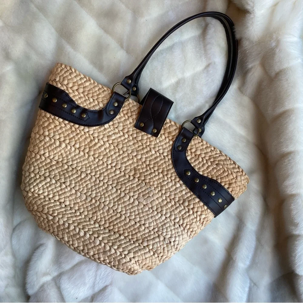 Large wicker 90’s embroidered brown cane beach bag - Picture 3 of 5